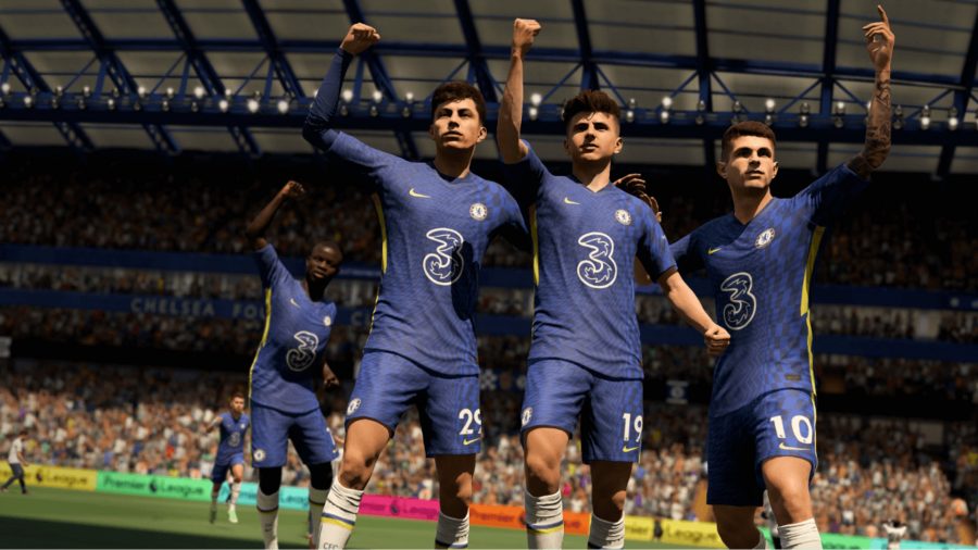 Three Chelsea players celebrate to the crowd in FIFA 22