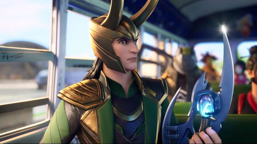 The Loki skin in Fortnite, holding a silver blade and wearing his trademark gold and green armour