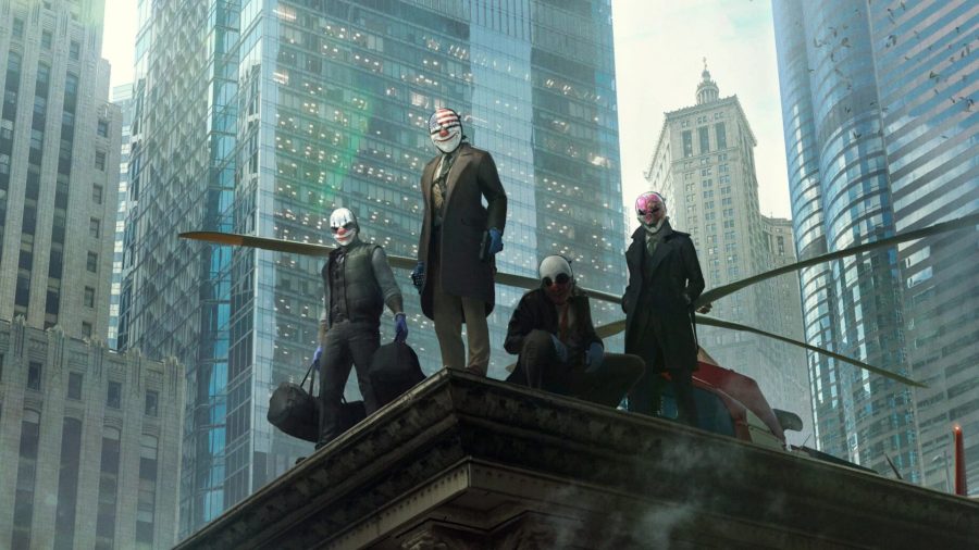 Four masked bank robbers stand on top of a building carrying guns and bags of money