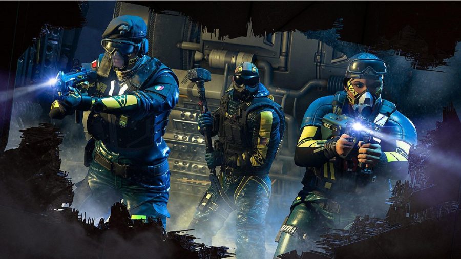 Rainbow Six Extraction Operators: Sledge can be seen alongside two other Operators through a hole in the wall.