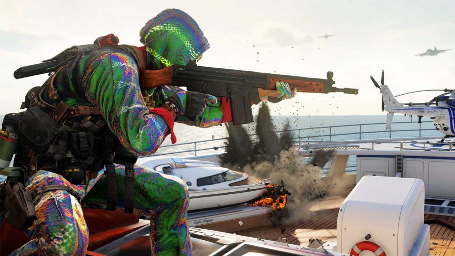 An operator in Black Ops Cold War firing the C58 assault rifle on the new Hijacked map