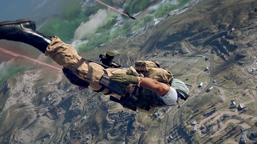 A Warzone player skydiving into battle