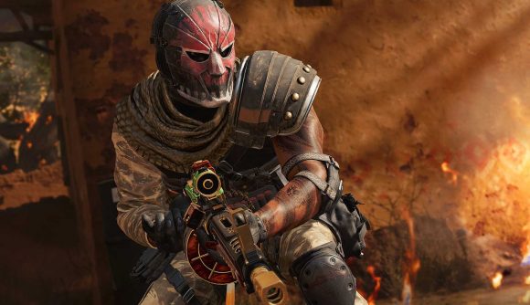 Warzone's new operator, wearing a menacing red mask, wielding the MG 82 light machine gun