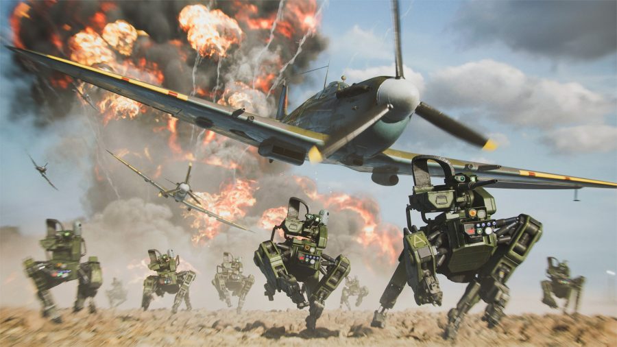 Five robot dogs, armed with guns, run away in a desert from a flaming spitfire