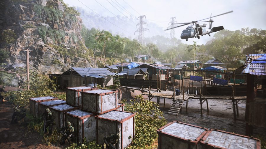 Battlefield 2042 Portal maps: A helicopter flies above the shanty town of Valparaiso.