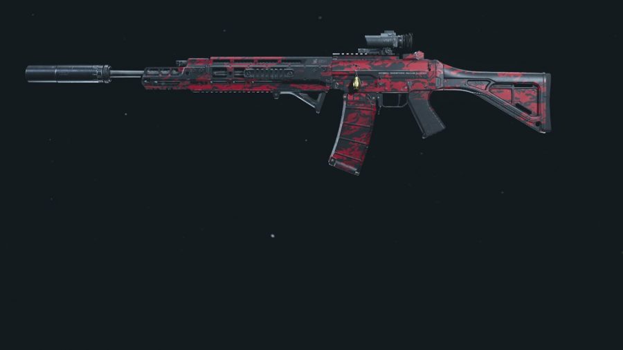 Grau Warzone loadout: A grau 5.56 assault rifle with a silencer and scope painted in red and black tiger stripes