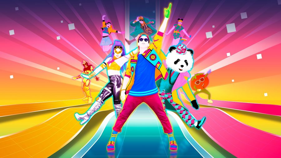 A collection of dancers can be seen including a man in a brightly coloured top and someone dressed in a panda suit.