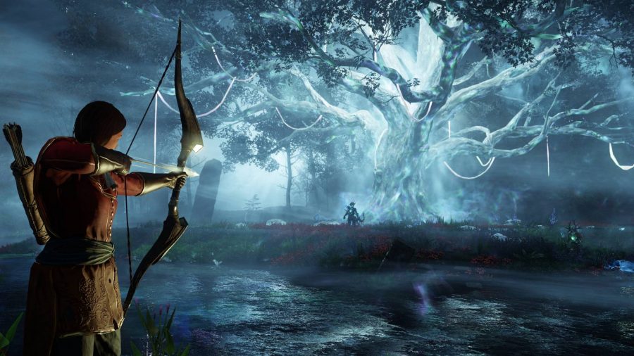 An archer aims their shot at a distant enemy by a brightly-glowing tree
