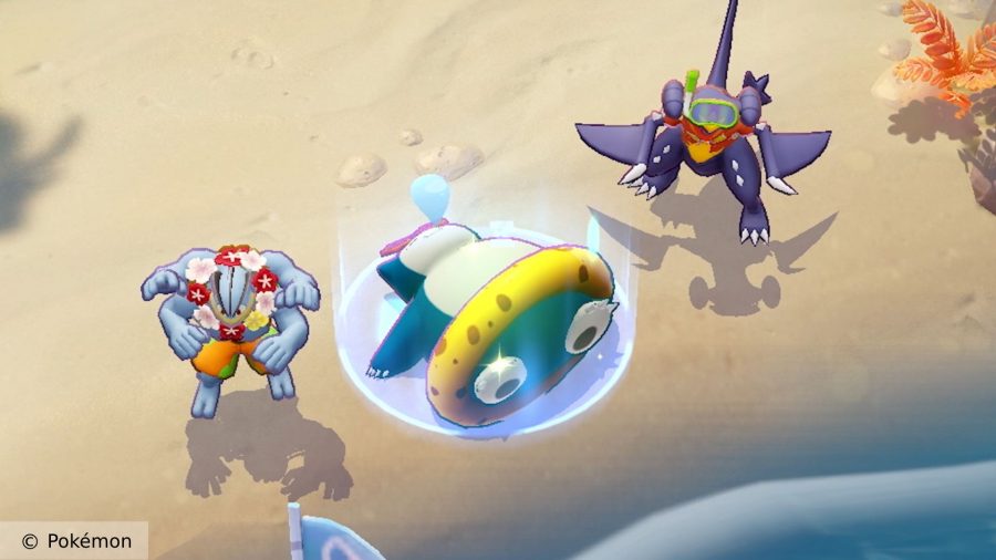 Pokémon Unite's Marchamp, Snorlax, and Garchomp wearing Holowear bought by using Holowear Tickets