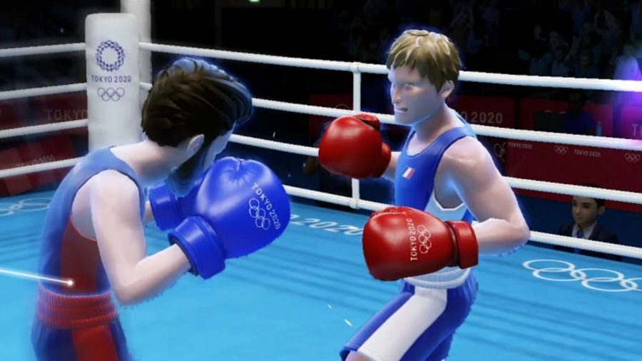 Two opponents face off in an Olympic match.