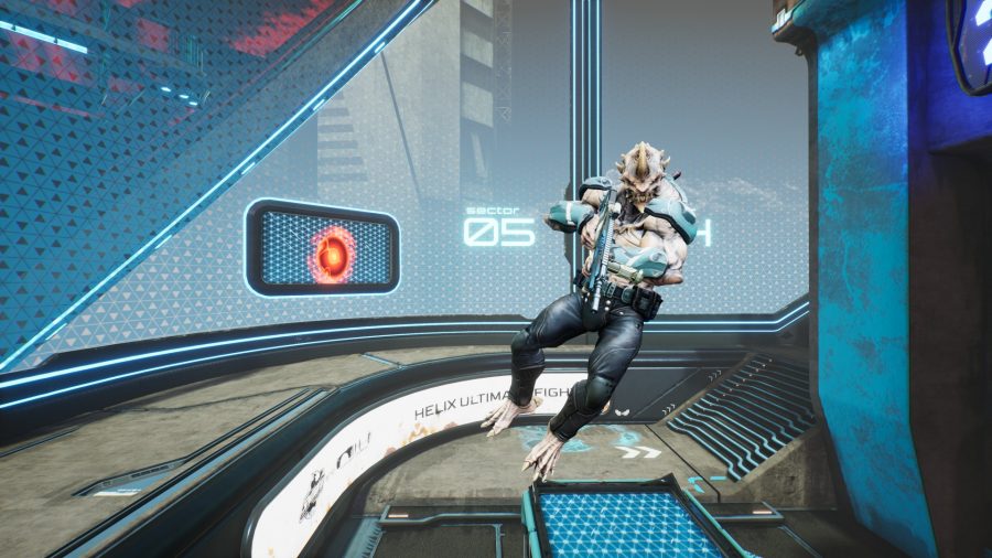 A Splitgate player hovers in the air while an enemy portal appears behind them