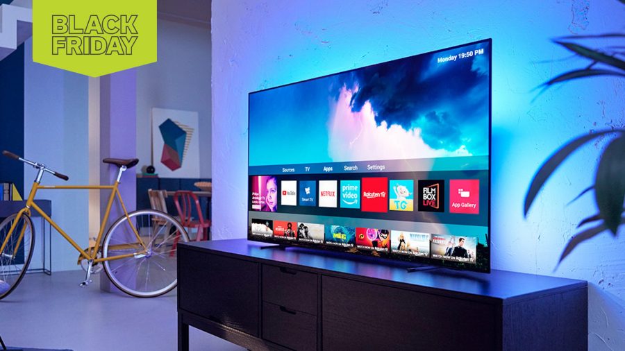 Black Friday best TV deals: A 4K TV on a stand with blue backlighting