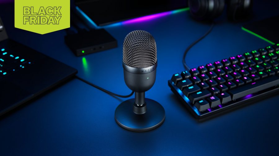 Black Friday USB mics: A Razer microphone sits on a gaming desk