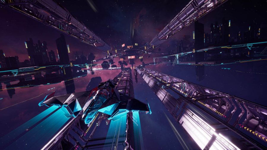 The Forsaken can be seen flying through a large set of structures in outer space.