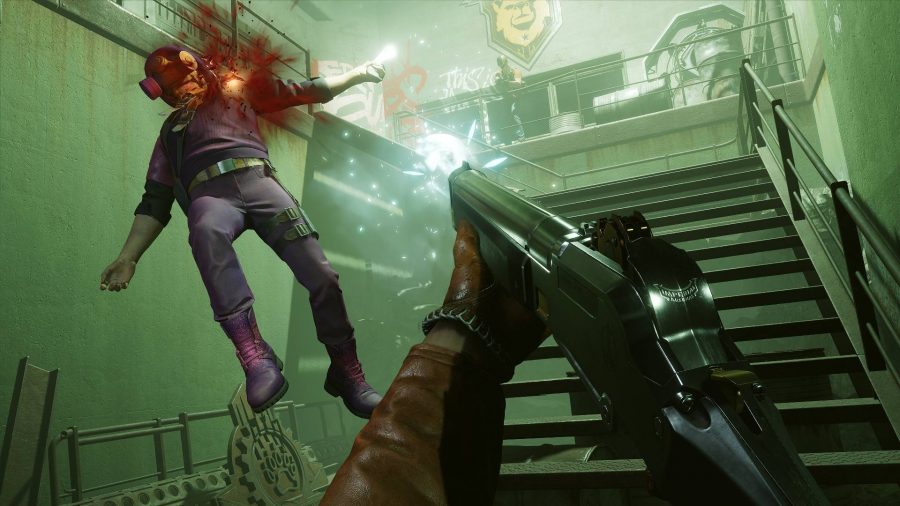 Colt is shooting a shotgun at an enemy floating in the air thanks to the Karnesis power.