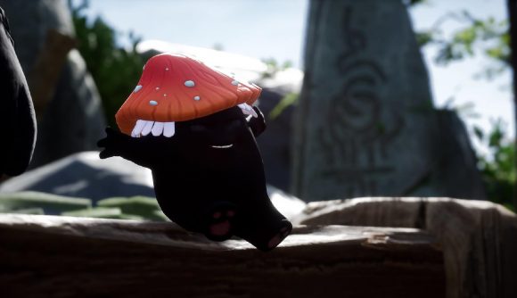 A Rot with a mushroom hat can be seen sitting on a tree stump.
