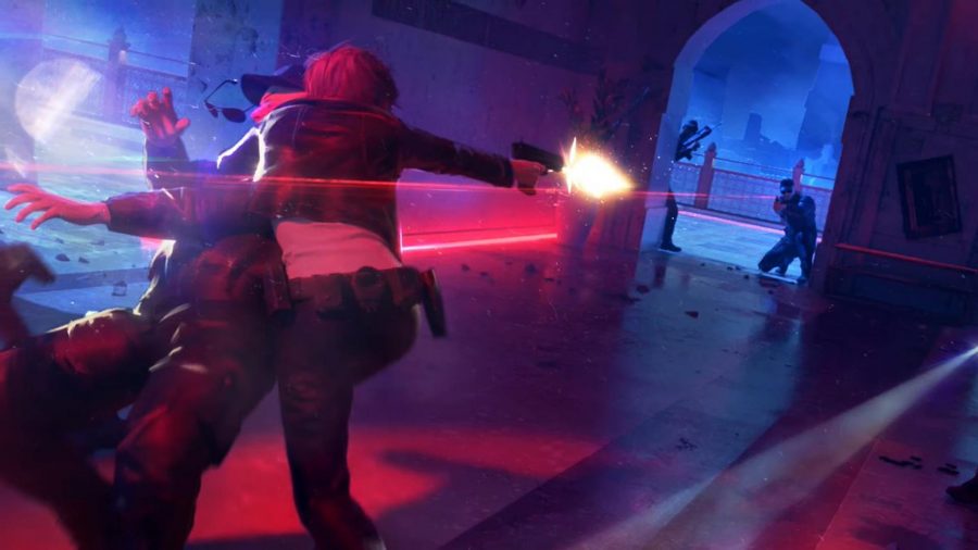 Agent Dark can be seen fighting some soldiers in a building at night.