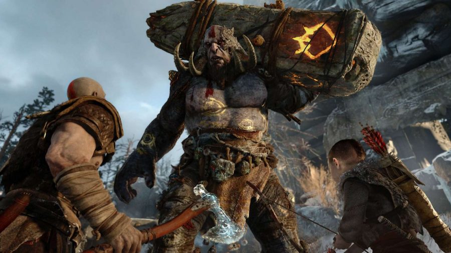Kratos and Atreus can be seen fighting against an enemy.