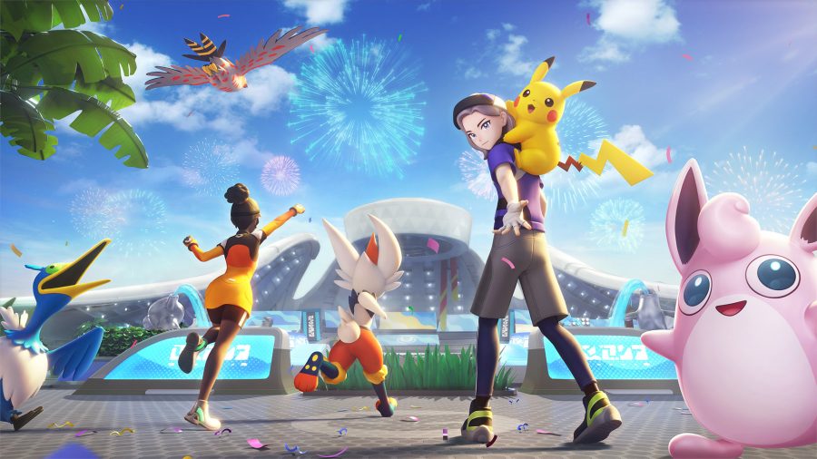 Pikachu stands on the back of a trainer's back while others run towards the Pokemon Unite stadium