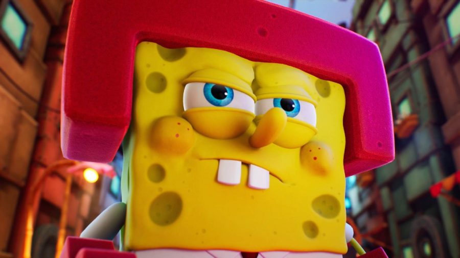 Spongebob can be seen in an outfit, staring at the camera. 