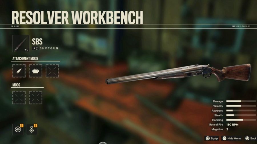 Far Cry 6 Best Mods: экран модификации дробовика из верстака.