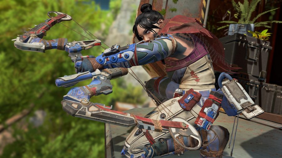 Apex Legends ranks: Wraith looks down from a ledge with her Bocek bow drawn and ready to fire