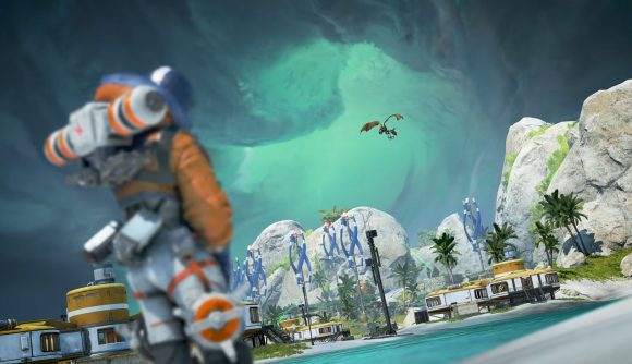 Apex Legends' Wattson stares across at the Storm Point map. Beaches, palm trees, and white jagged cliffs can be seen in the backdrop