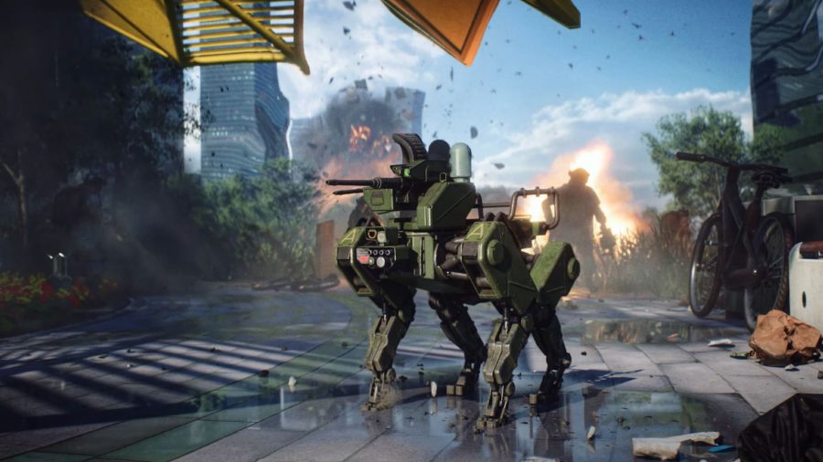 Battlefield 2042 destruction: a robot dog springs into action