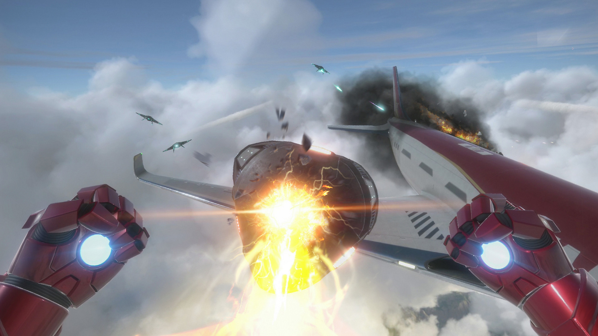 最高のPSVRゲーム：アイアンマンが飛行機の上で何かと戦っているのが見られます