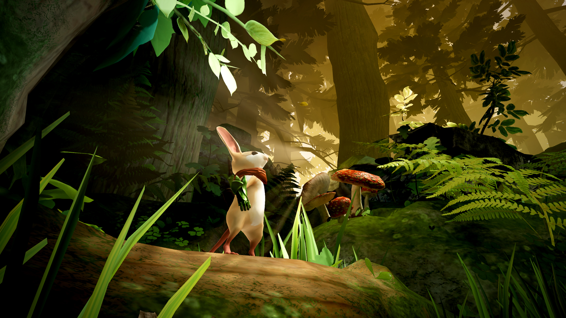 最高のPSVRゲーム：上の森を見上げる丸太の上にマウスが立っています
