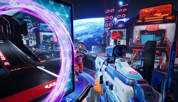 Best PS5 multiplayer games: An in-game screenshot from Splitgate, showing a first=person view of an enemy being targeted with an open portal next to them