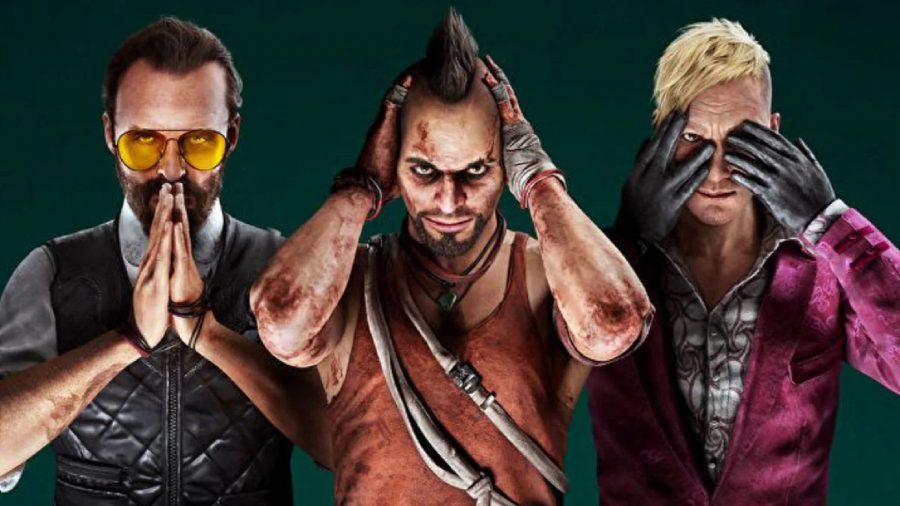 Far Cry 6 DLC release date: Vaas, Joseph Seed, and Pagan Min can all be seen standing alongside one another.