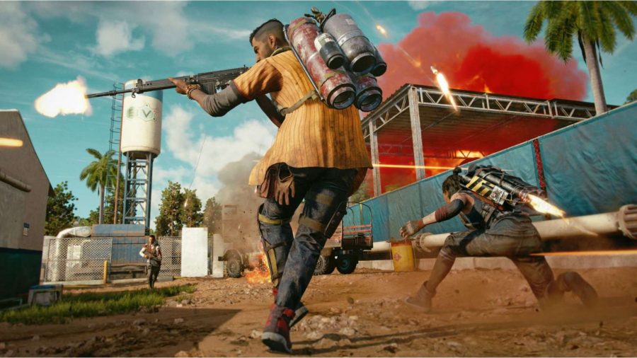Far Cry 6 Review: both the male and female Dani Rojas can be seen using their Supremos, with male Dani shooting at someone on his left. 