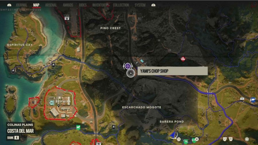 Far Cry 6 ride locations: The map showcasing the location of Yami's 2008 KAG TG.