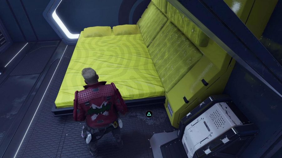 Guardians of the Galaxy Archives locations: The bed with the Archives next to it can be seen. Star-Lord is standing in front of it.