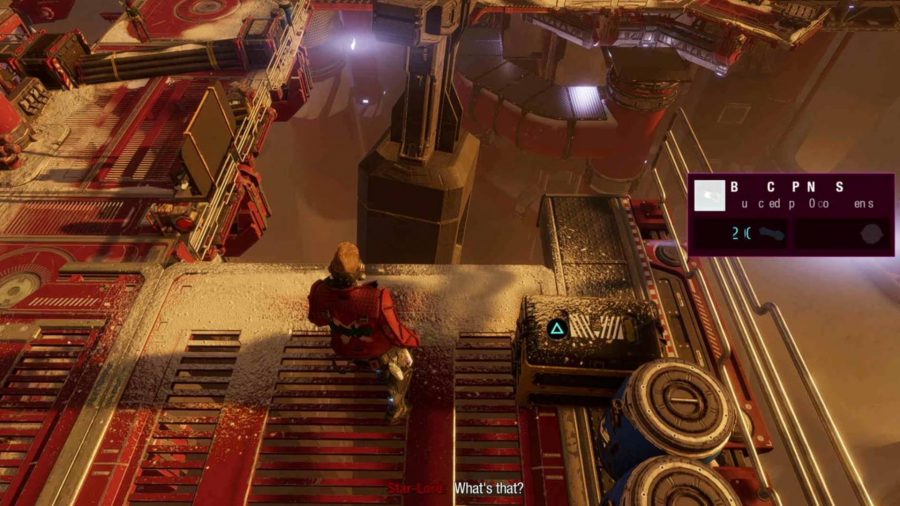 Guardians of the Galaxy Archives locations: Star-Lord is on the platform, looking down, with the archives next to him.