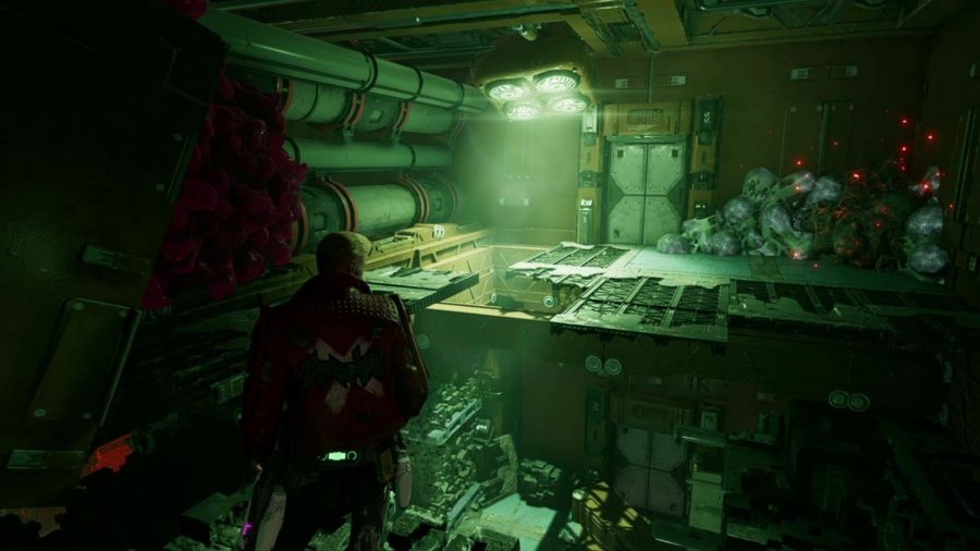Guardians of the Galaxy Guardian Collectible locations: Star-Lord is looking at the barricade blocking the collectible.
