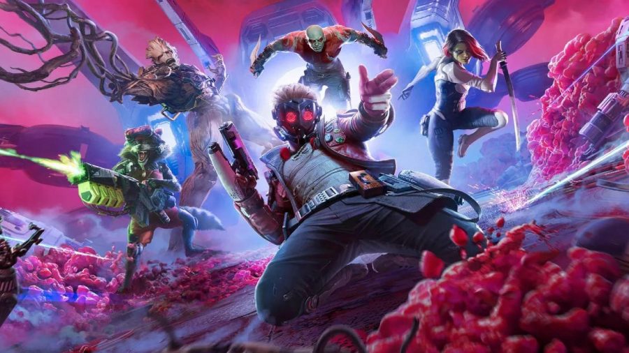 Guardians of the Galaxy review: all five guardians can be seen jumping and running towards the camera in the game's key art.