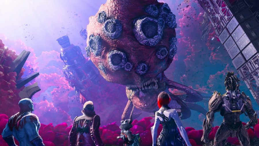 Guardians of the Galaxy review PS5: all five guardians can be seen looking at a large monster from the Quarantine Zone.