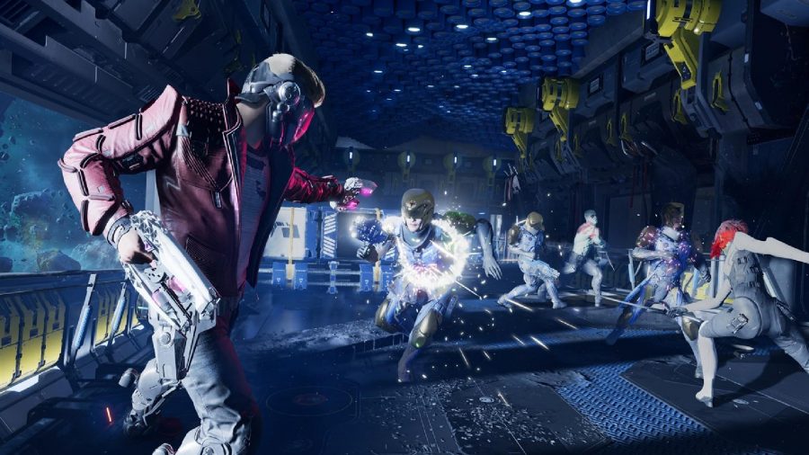 Guardians of the Galaxy review PS5: Star-Lord can be seen shooting at some enemies, while Gamora slices more foes up to the side.