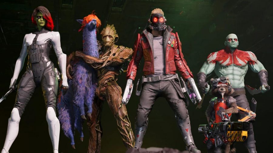 Guardians of the Galaxy review PS5: All five guardians can be seen standing on a cliff, looking at something in the distance.