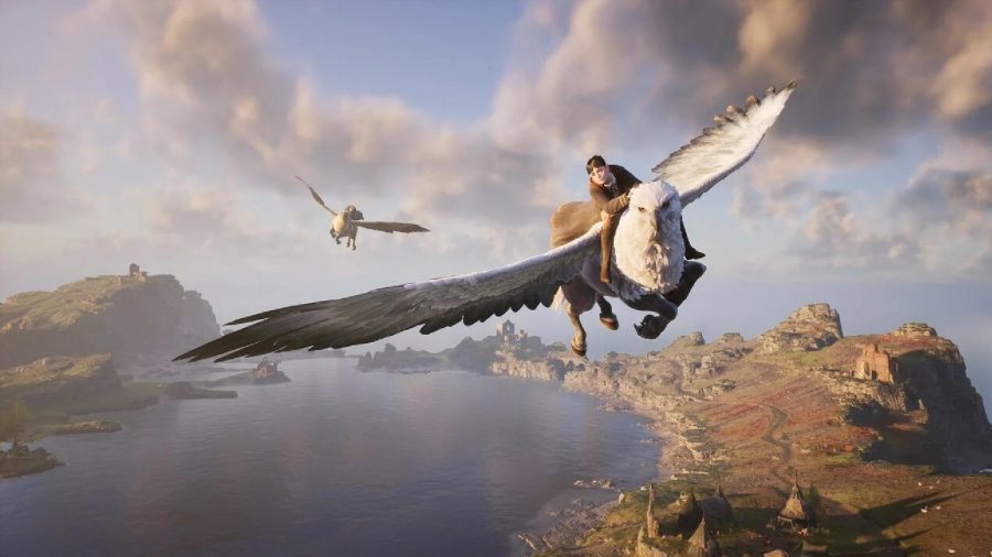 Hogwarts Legacy release date: Two students can be seen riding a Hippogriff across the skies above Hogwarts.