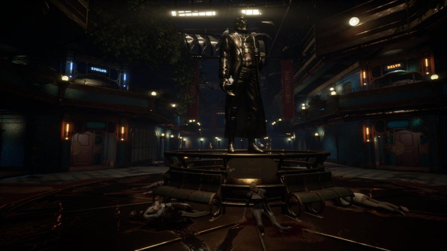 The inside of the large cruiser can be seen, with a statue in the middle and bodies lying at its base. 