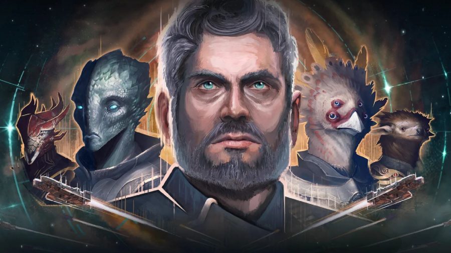 PS Plus December 2021: Multiple characters can be seen in the Stellaris key art.