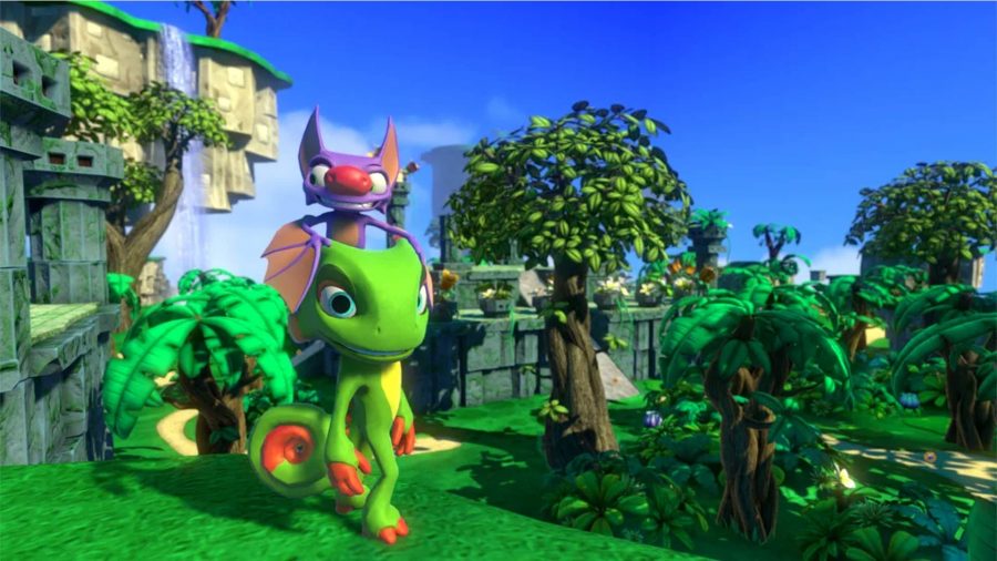 Yooka and Laylee stand looking at the environment ahead of them.