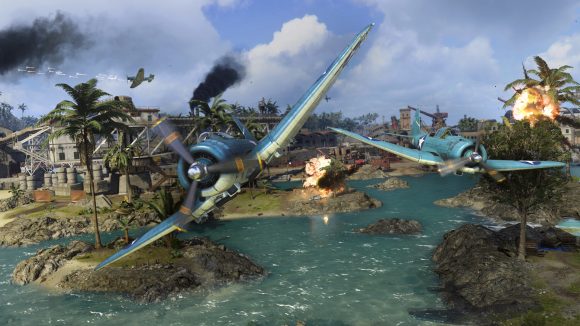 Warzone Pacific's Caldera map sees two blue fighter planes tear through the sky
