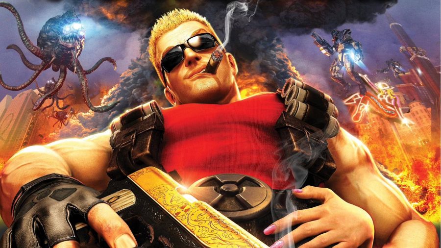 Duke Nukem can be seen standing with his gun against his crotch and an alien invasion taking place behind him.