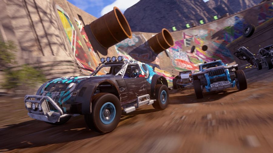 cars can be seen racing alongside on another on a track in OnRush