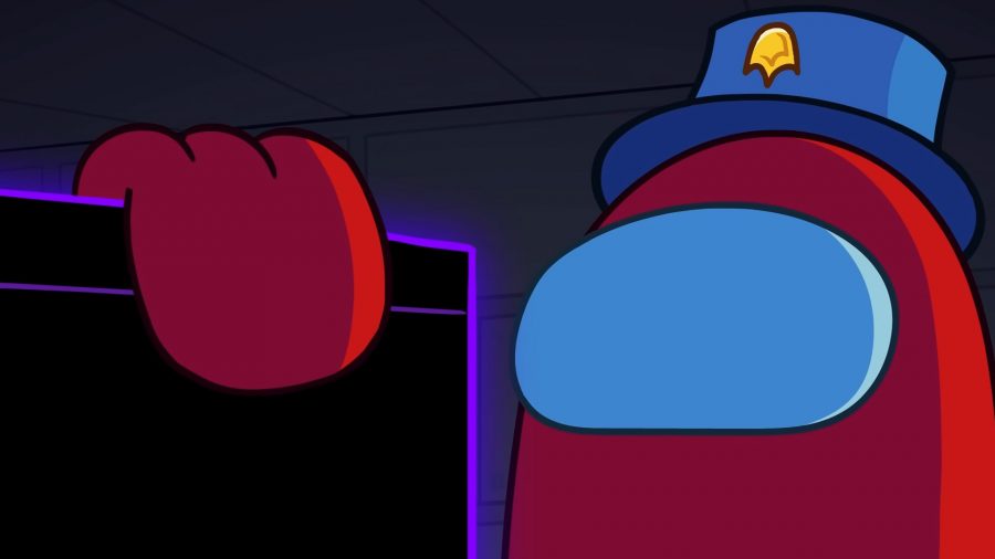 Among Us characters: Red from Among Us in a blue hat