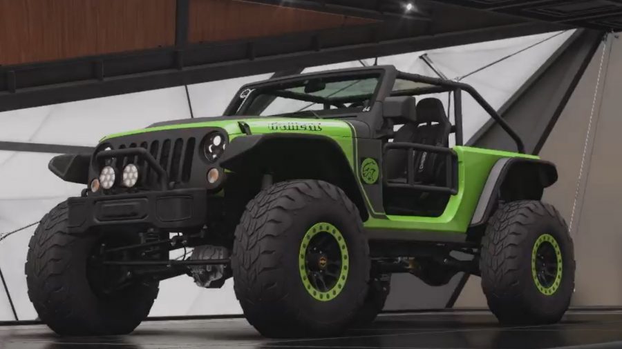 Forza Horizon 5 best off road car: a green Jeep Trailcat